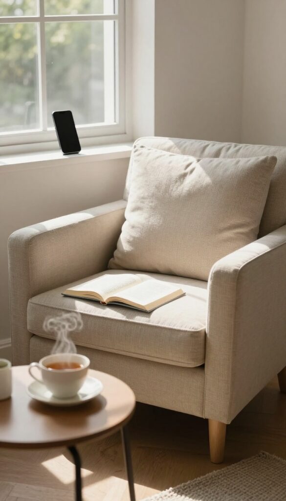 A cozy living room corner with a book and tea, smartphone put away, representing a digital detox hour.