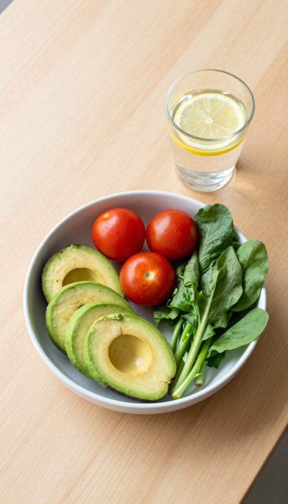 Colorful bowl of fresh fruits and vegetables on a wooden table with a glass of lemon water, bright natural light, minimalist composition
