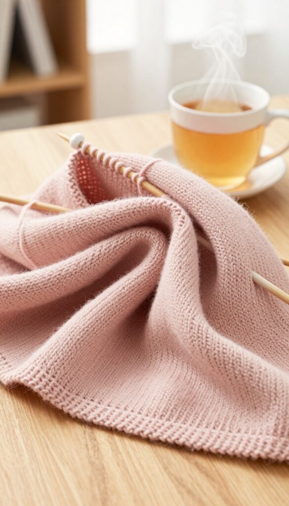 Close-up of knitting a scarf with chunky yarn and wooden needles, cozy tea nearby, soft natural light.