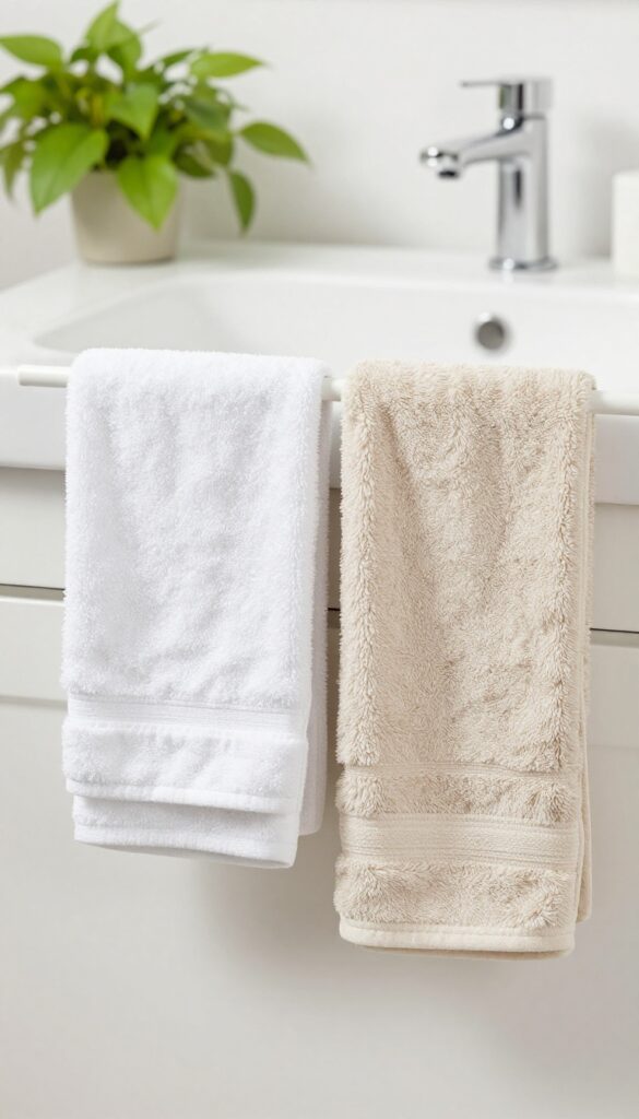 Separate face and body towels hanging on a rack in a bright, clean bathroom