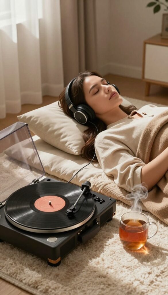 Person relaxing on rug listening to vinyl record with headphones, cozy room with warm lighting