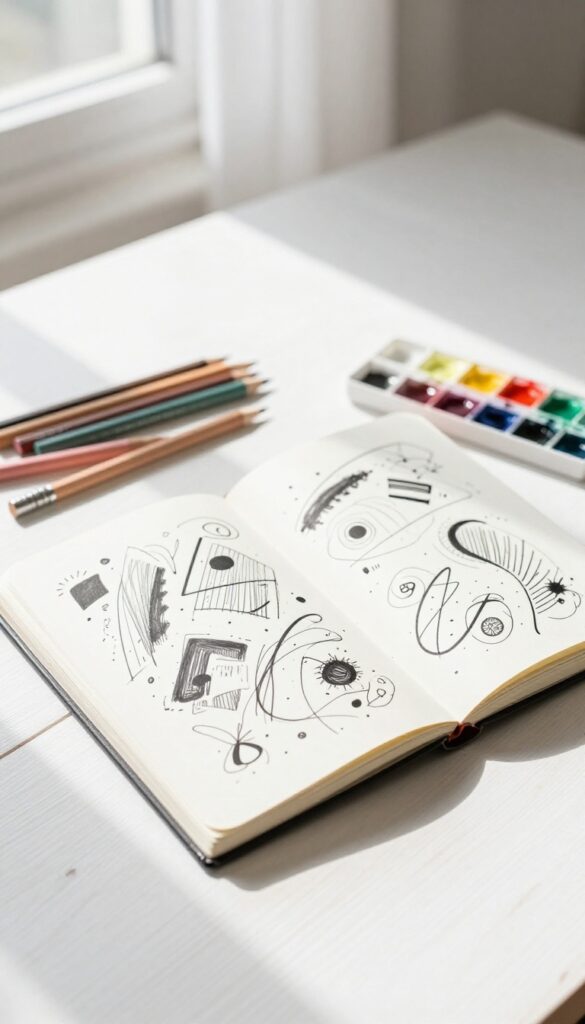 Open sketchbook with doodles, colored pencils, and watercolor palette on a white table in natural light
