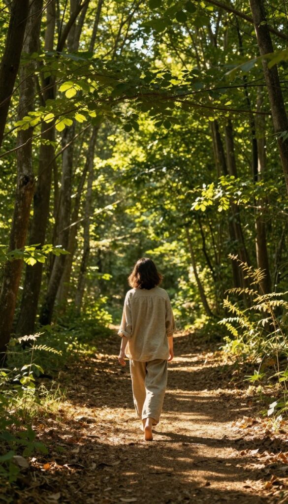 A person enjoying a tech-free walk in a sunlit forest
