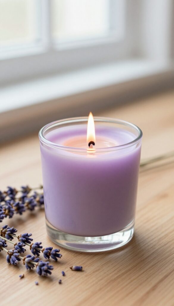 Lavender-scented candle in a glass jar with dried lavender buds on a wooden table