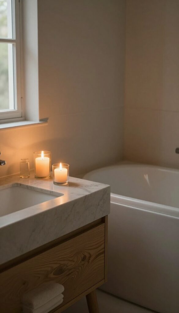 Bathroom with soft candlelight creating a relaxing spa atmosphere