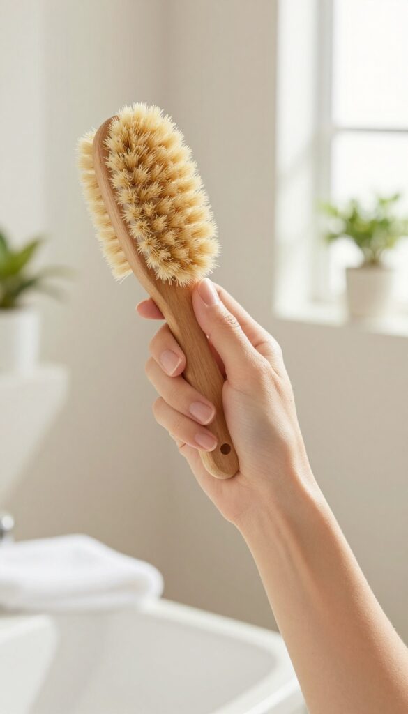 Woman dry brushing her arm with natural bristle brush in bright bathroom