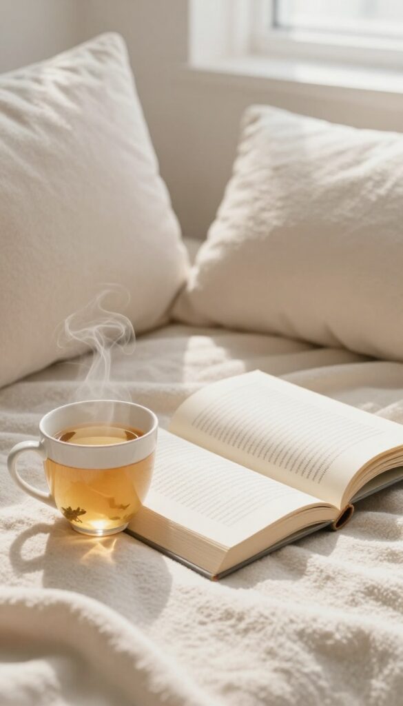 Cozy reading nook with an open book, tea, and soft lighting