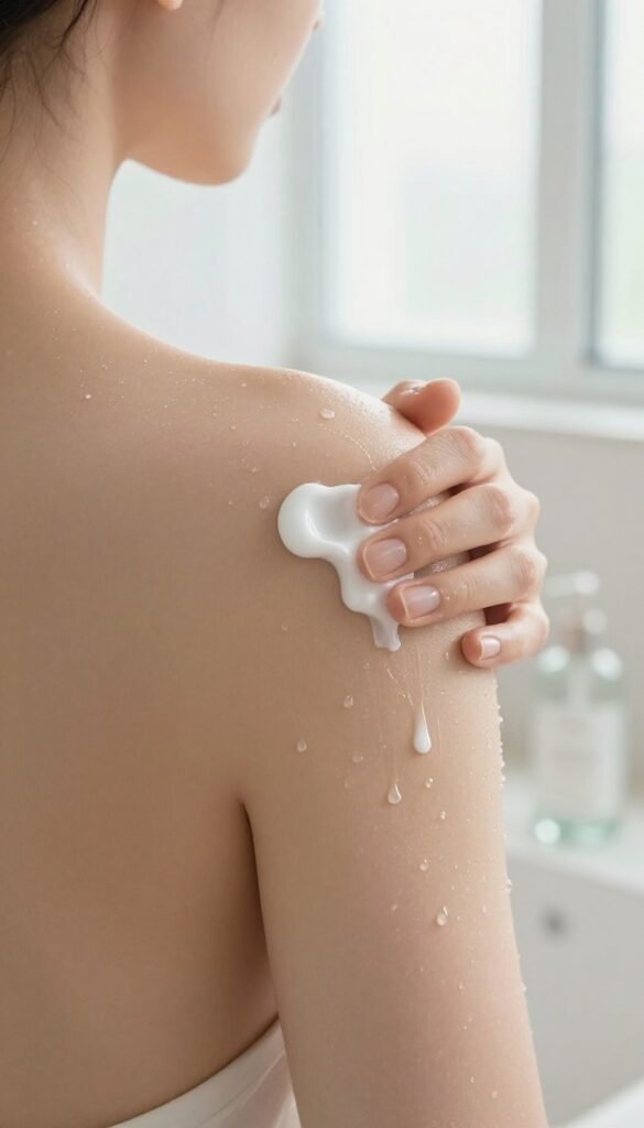 Woman applying in-shower moisturizer to damp skin in a bright bathroom