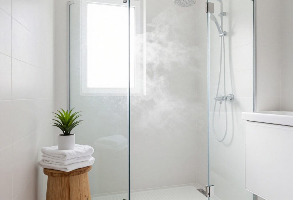 Clean modern bathroom with shower and natural light