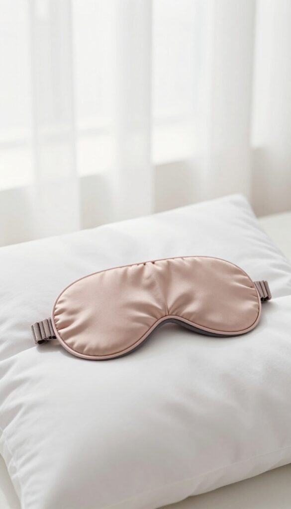 Silk sleep mask on a white pillow in soft natural light