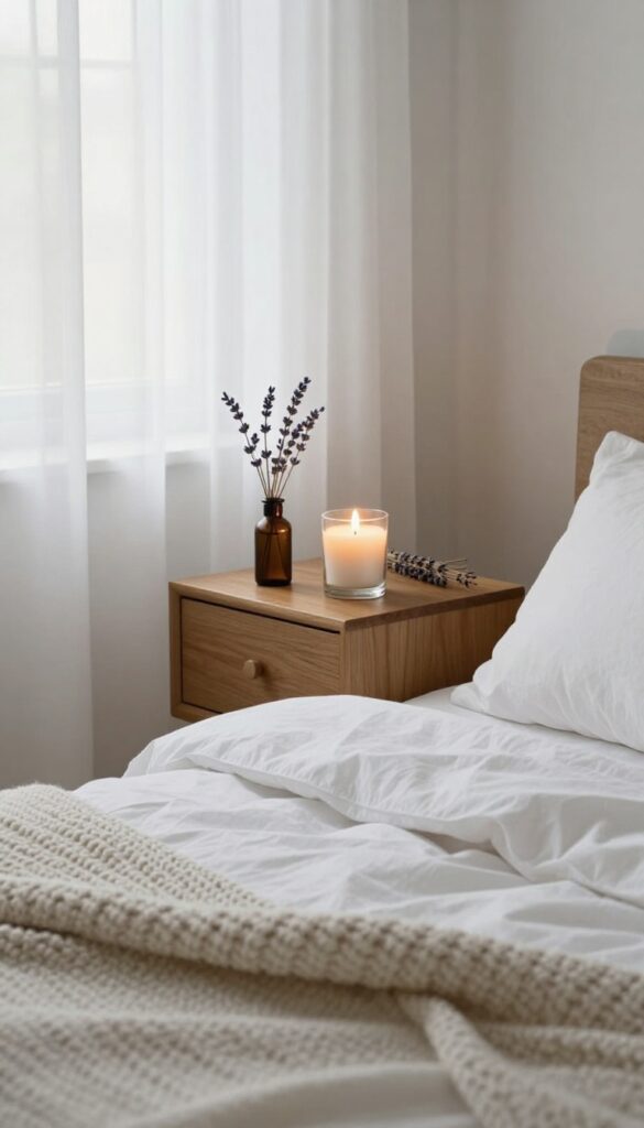 A serene bedroom corner with a lit candle and lavender, evoking a calming self-care ritual.