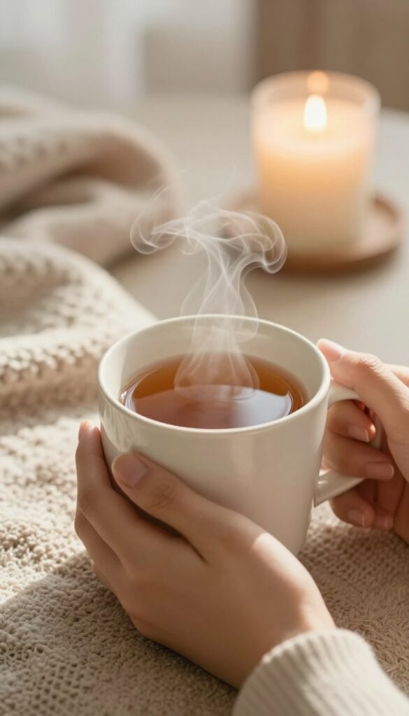 Hands holding a warm mug of herbal tea in a cozy, softly lit setting