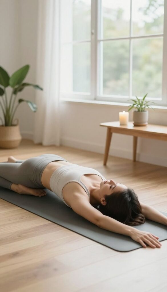 Woman doing a gentle forward fold on a yoga mat in a sunlit room with a candle and plant