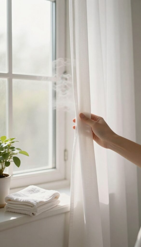 A serene bathroom with soft natural light, steam rising, and a hand touching the shower curtain, creating a peaceful gratitude moment.