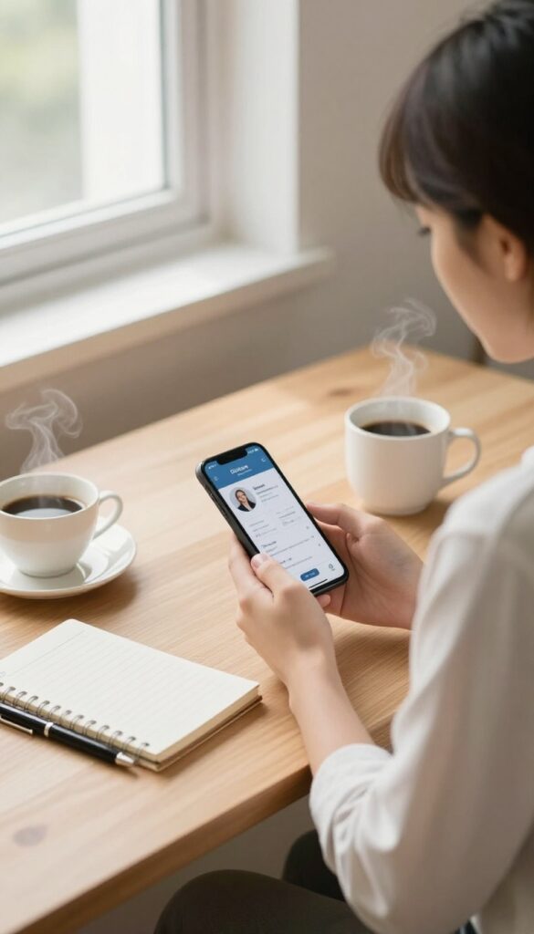 Person doing a monthly financial check-in on a smartphone at a desk with a notebook and coffee