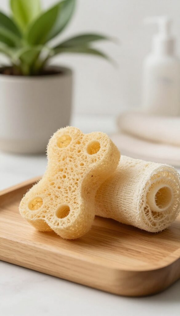 Natural konjac sponge and luffa loofah on a wooden tray in a bright bathroom