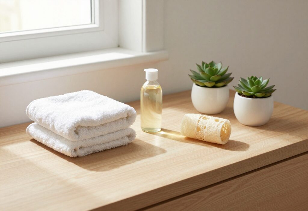 Body care essentials arranged on a bathroom counter with natural light