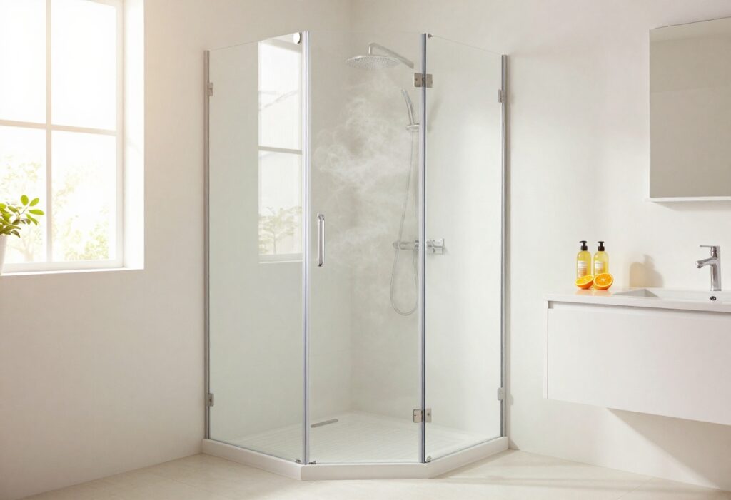 Bright bathroom with steam rising from an open shower, citrus body wash on shelf, morning light streaming in