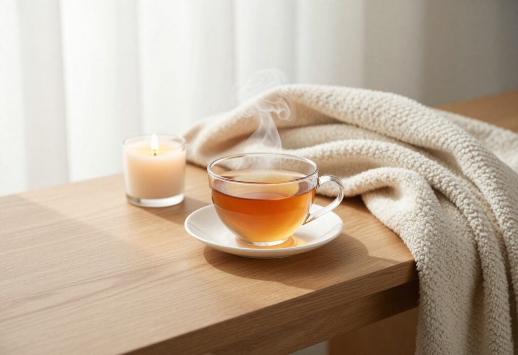 Cozy self-care setup with tea, candle, and blanket in soft light