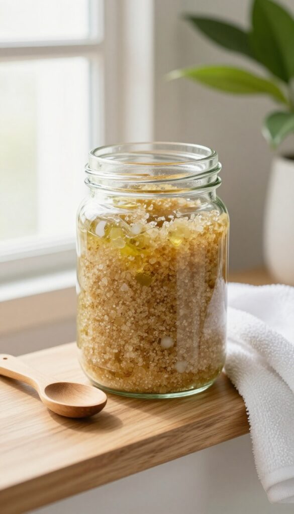 Homemade sugar and olive oil body scrub in a glass jar on a bathroom shelf