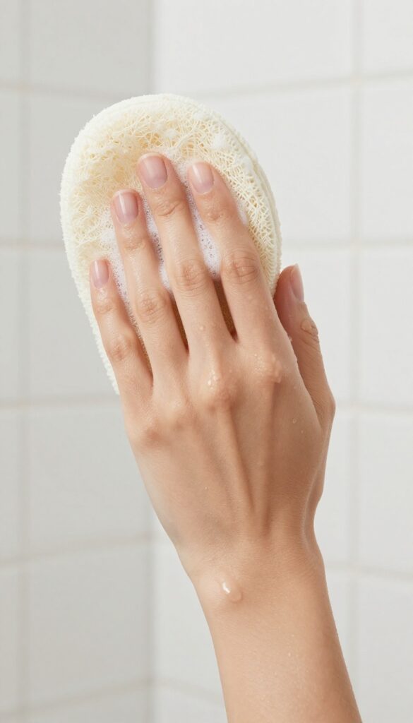 Woman holding a wet exfoliating mitt in a bright shower, clean girl aesthetic