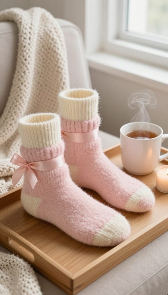 Cozy fuzzy socks tied with ribbon on a tray with tea and candle