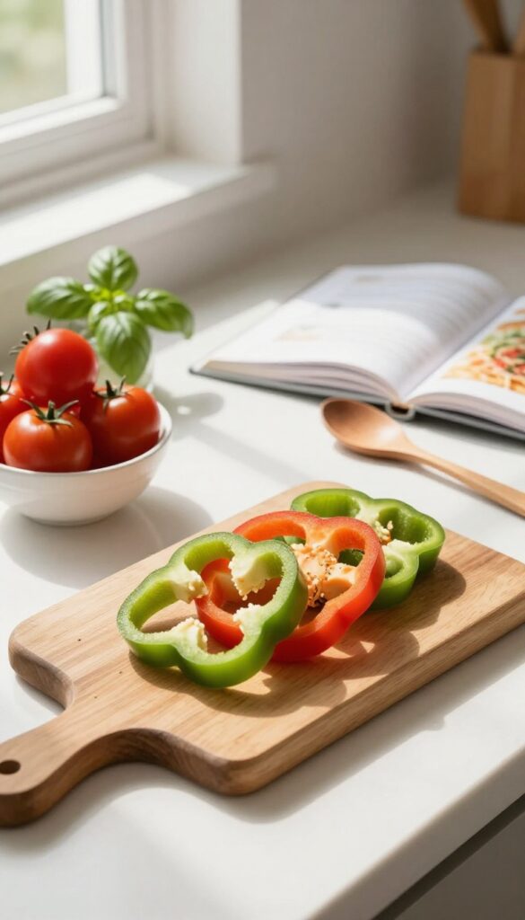 A sunlit kitchen counter with fresh vegetables, a recipe book, and cooking utensils, evoking a calm and mindful cooking experience.