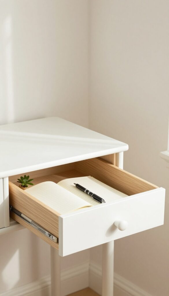Minimalist tidy nightstand with open organized drawer and clean surface in natural light