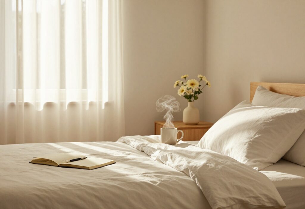 Cozy bedroom with morning light, flowers, mug, and journal on nightstand