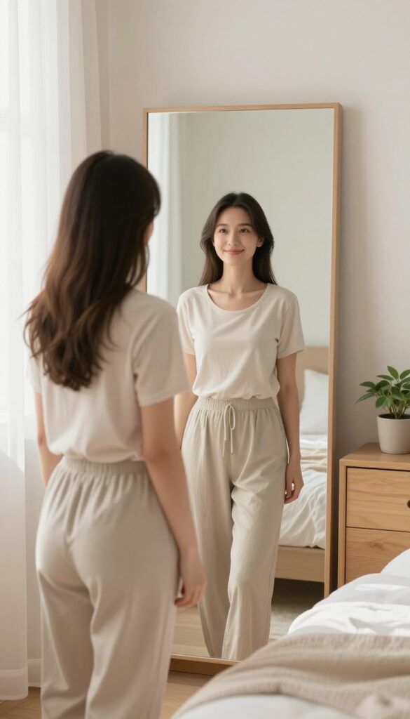 Young woman looking in mirror with morning light, self-care routine