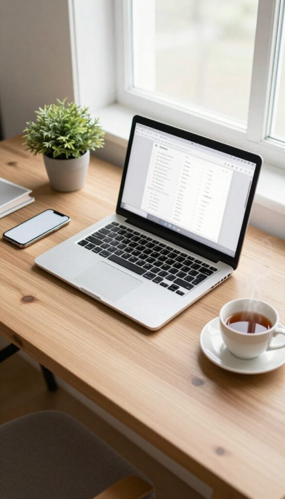 A clean, organized desk with a laptop and smartphone, representing a digital declutter for better mental clarity.