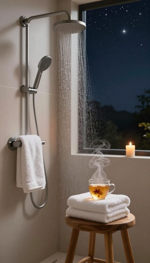 Night shower routine with warm lighting, rainfall shower, candle, towel, and tea for sleep preparation.