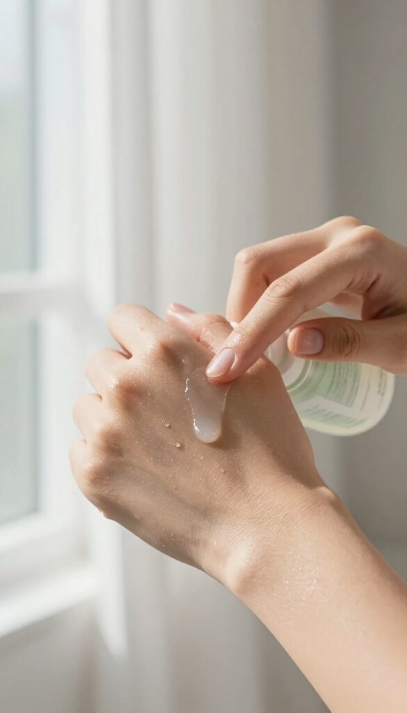 Applying cooling body lotion after a morning shower for refreshed skin