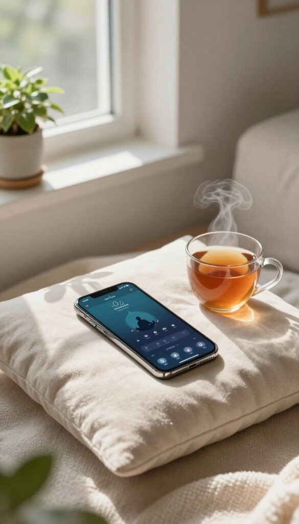 A person's hands holding a smartphone with a meditation app open, surrounded by cozy decor, tea, and soft lighting.