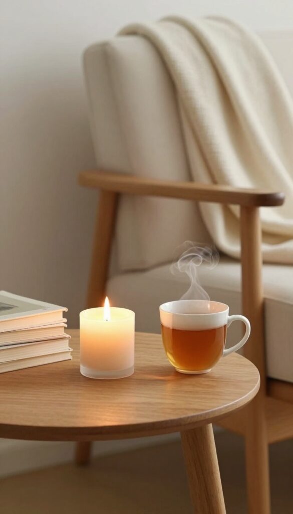 Cozy living room corner with a lit candle, books, and tea on a wooden table