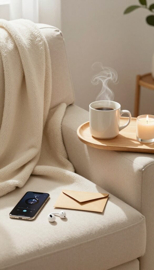 Cozy living room setup with blanket, mug, candle, and gift card envelope, suggesting streaming or audiobook relaxation.