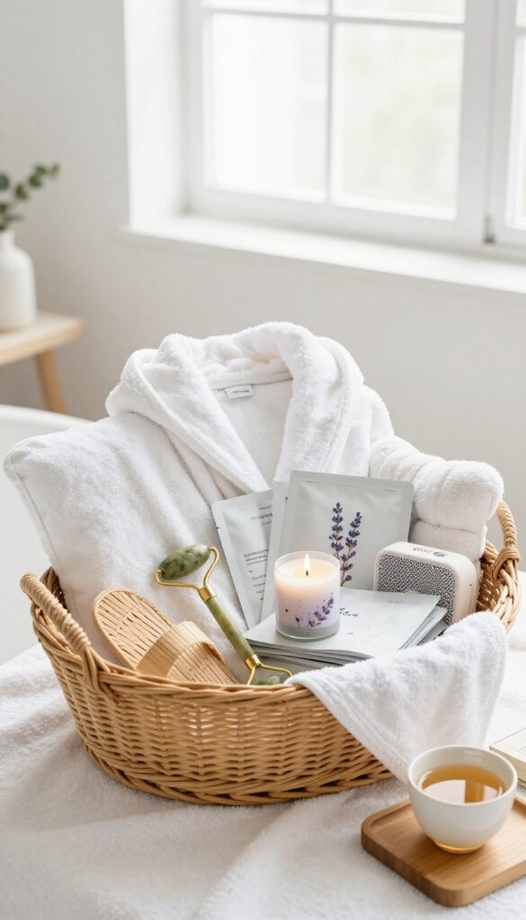 A wicker basket filled with spa day gifts including a robe, slippers, jade roller, sheet masks, lavender candle, bath pillow, and waterproof speaker in a bright bathroom.