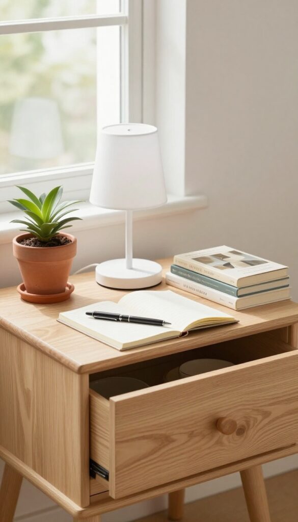 A tidy nightstand with an open drawer showing organized items, a lamp, plant, and books in soft natural light.