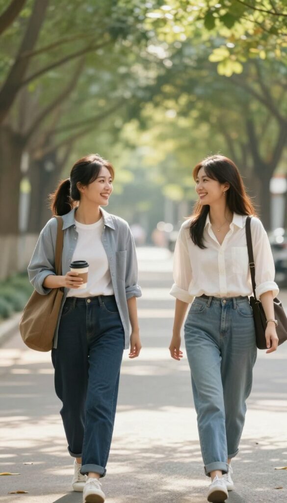 Two friends walking and laughing on a sunny tree-lined path, holding coffee, enjoying a lighthearted conversation.