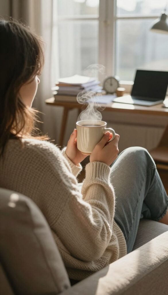 A person enjoying a quiet coffee break on a sofa, with a blurred busy desk in the background, representing prioritizing self-care over work demands.