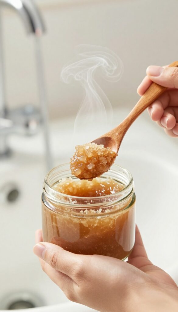 Person scooping natural body scrub in a jar with steam in background