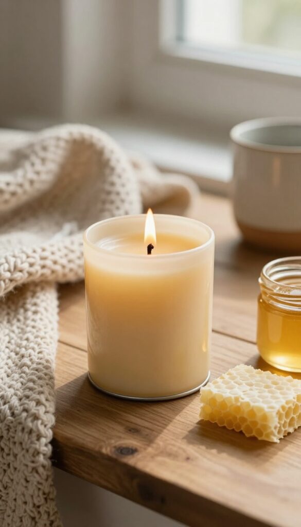 Handmade beeswax candle in a tin, glowing warmly on a wooden table with beeswax sheets and honey nearby.