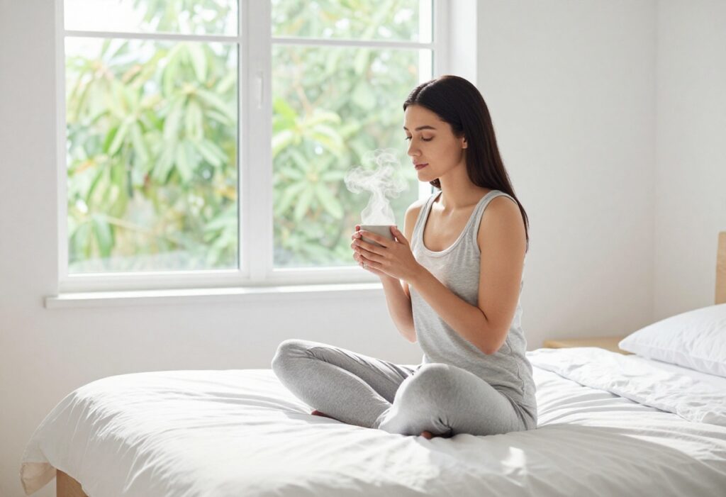 Woman enjoying a peaceful morning self-care ritual with a warm drink in a sunlit bedroom.