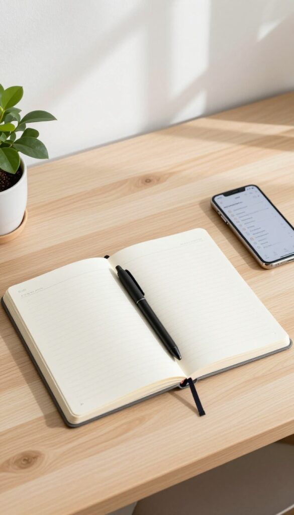 Minimalist desk with a single notebook and phone showing a to-do list, representing consolidated task management.