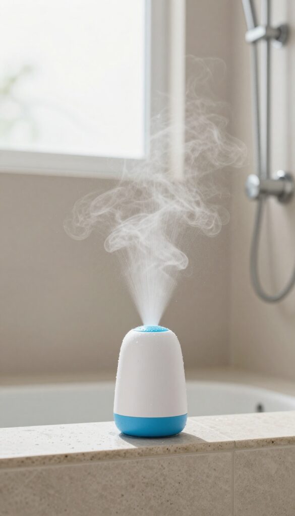 Shower steamer fizzing on wet shower floor, aromatherapy steam rising, spa-like atmosphere