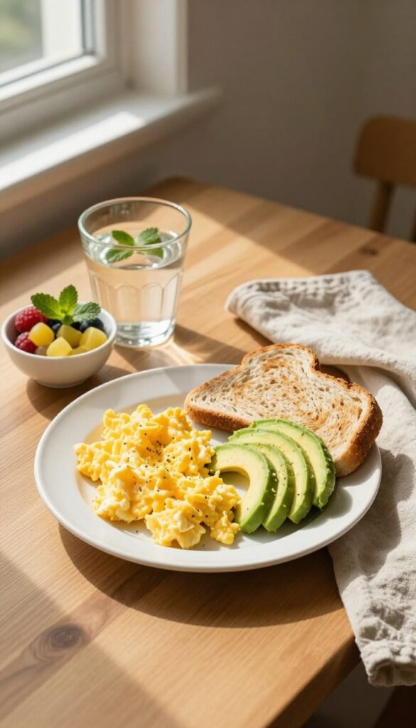 Nourishing breakfast flat lay with scrambled eggs, avocado, whole-grain toast, and berries on a wooden table in natural light