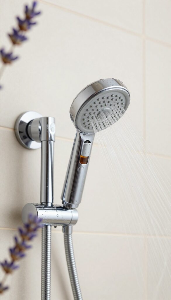 Aromatherapy shower head with essential oil cartridge releasing scented steam in a bright, clean shower