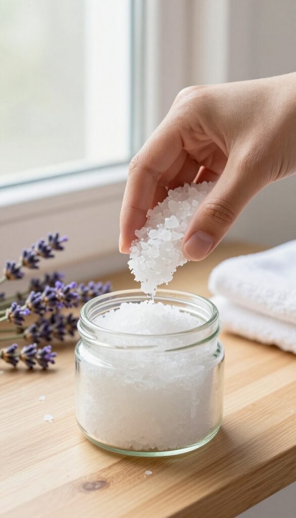 Epsom salt scrub in a glass jar with lavender on a wooden shelf in a bright bathroom