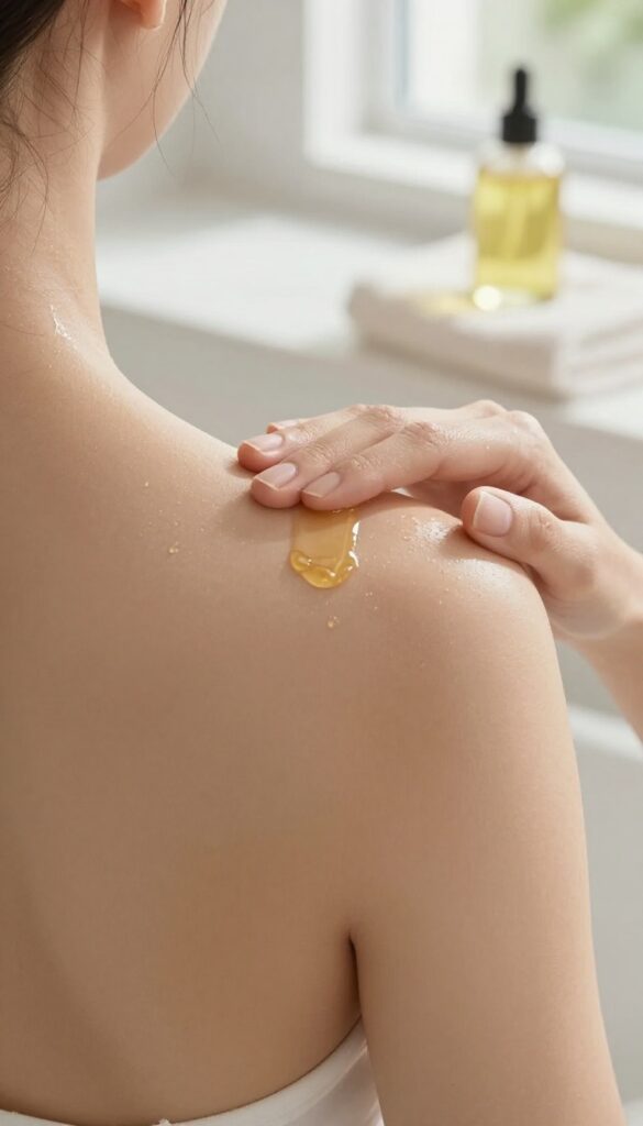 Post-shower body oil application on damp skin with natural light and clean bathroom background