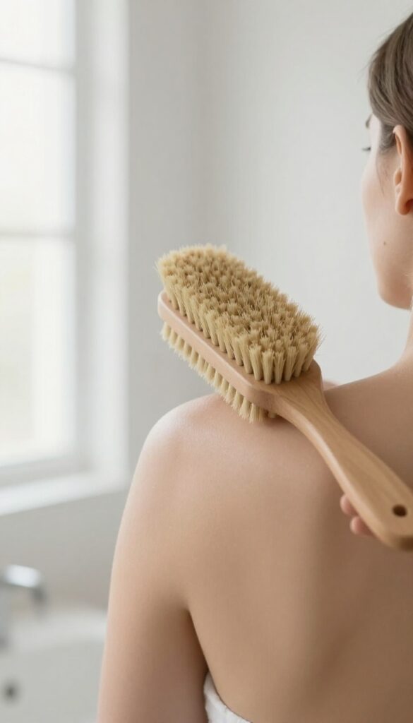 Woman dry brushing her skin with a natural bristle brush in a bright bathroom